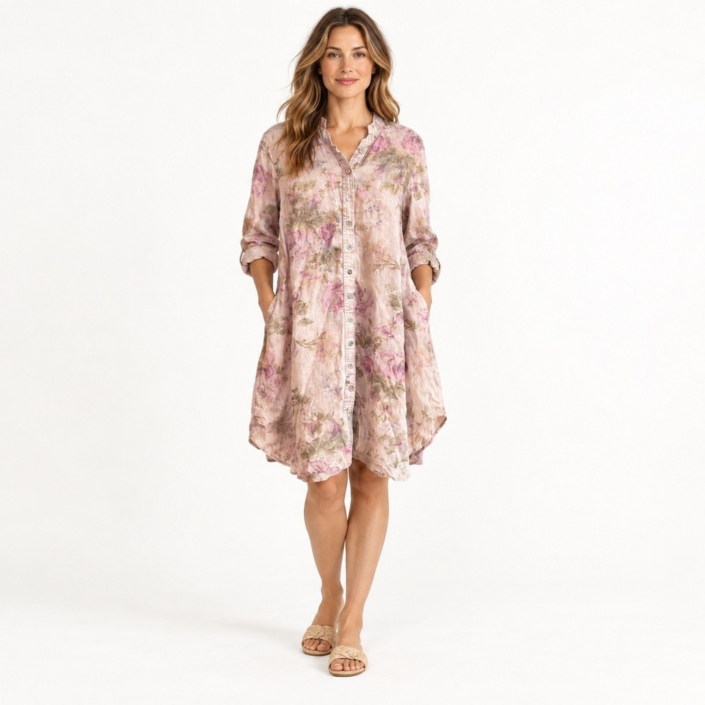April Cornell Linen Tunic Dress L Pink Floral Cottagecore Button Front Pocket